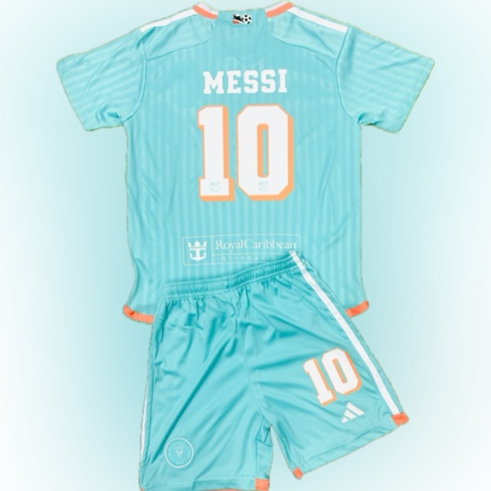 Messi #10 Youth Jersey Kids Teal/Orange Kit Jersey + Shorts MEDIUM (26) 8/9